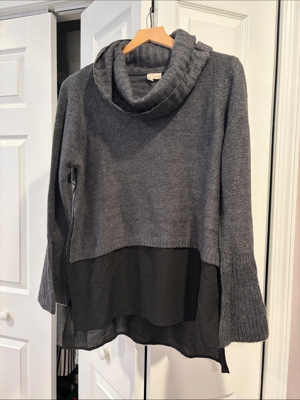Moth Charcoal Gray Cowl-Neck Sweater with Black Chiffon Layer